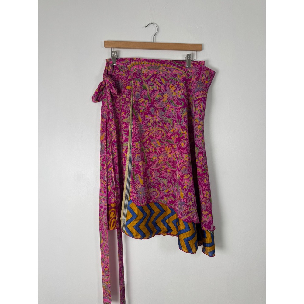 Boho Wevez Women XL Reversible Wrap Skirt Pink Mustard Silk Blend Floral Paisley